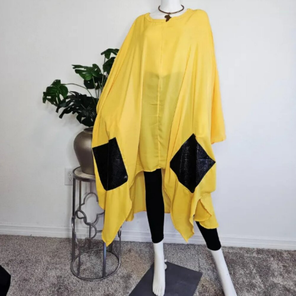 Chiffon Kimono Kaftan Poncho with faux leather pockets